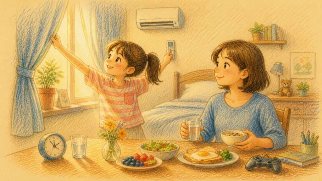 《病癒後感》佳作插畫：病癒女孩關掉冷氣並迎着陽光開始健康的一天