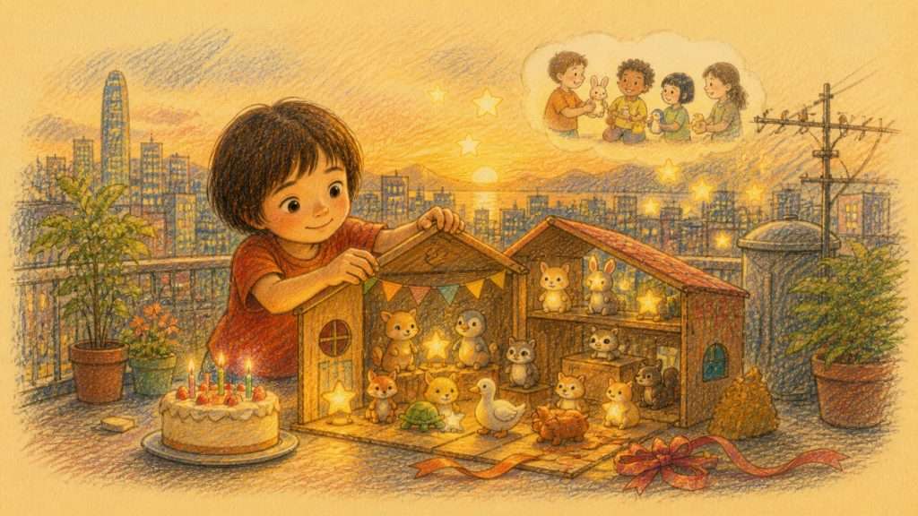 《我的生日願望》佳作插畫：孩子在天台為一群會發光的原創小動物玩偶佈置溫暖小家