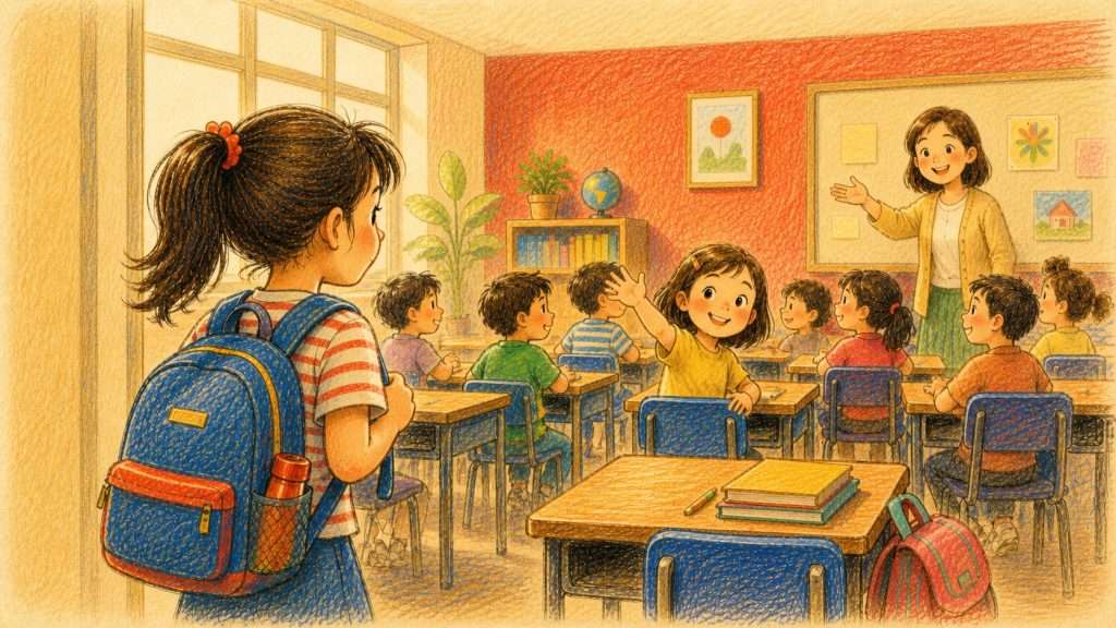 《一切也是新的了》佳作插畫：學生在開學日走進紅牆新課室並驚喜地認出好朋友