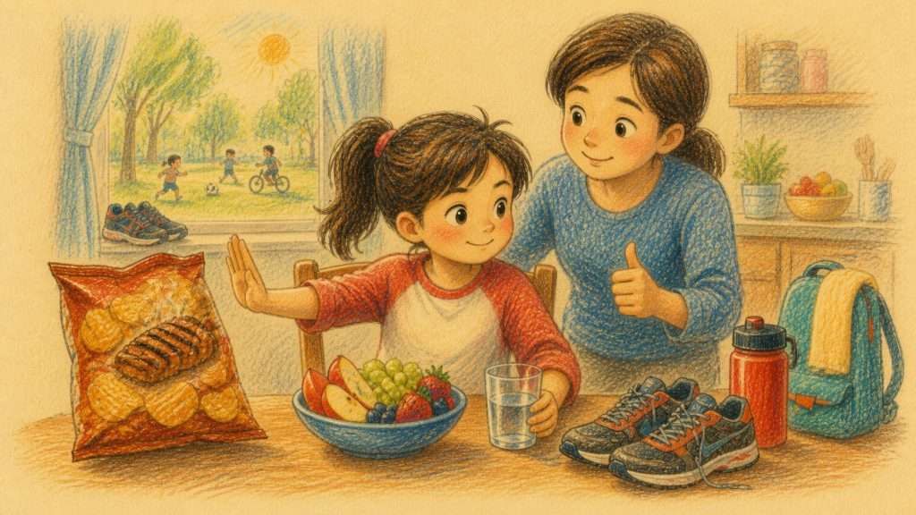 《病癒後感》佳作插畫：病癒孩子放下薯片並選擇水果和戶外活動
