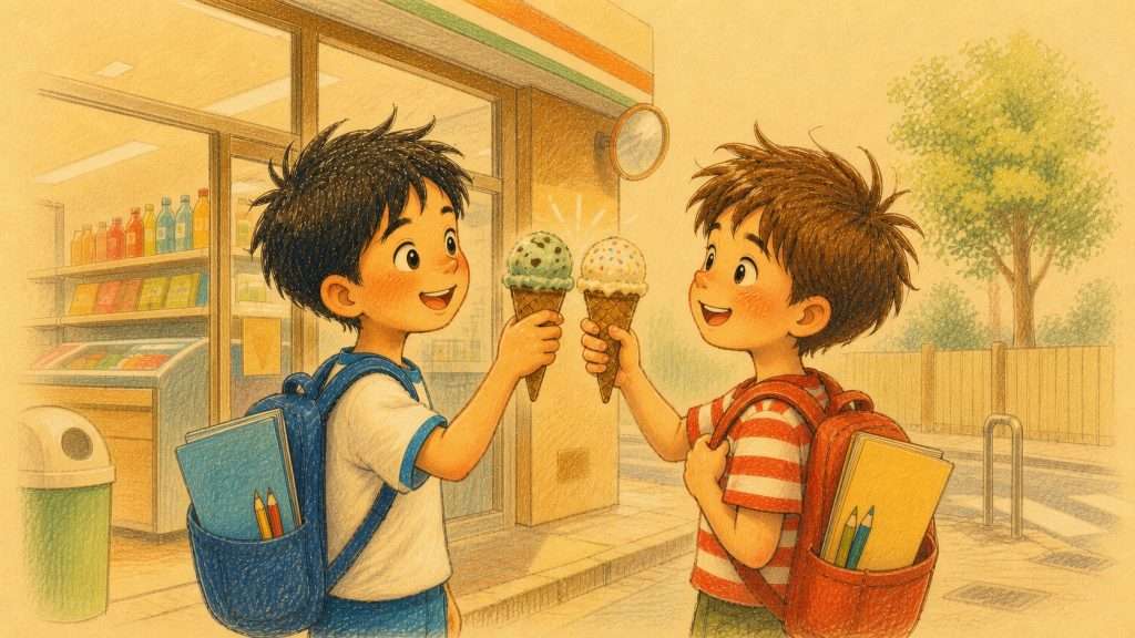 《失而復得》佳作插畫：兩位朋友在便利店外以甜筒慶祝友情失而復得