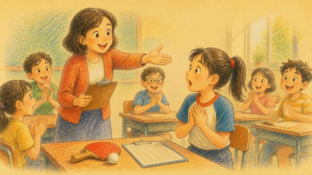 《失而復得》佳作插畫：老師宣布新增乒乓球名額時學生驚喜地獲選