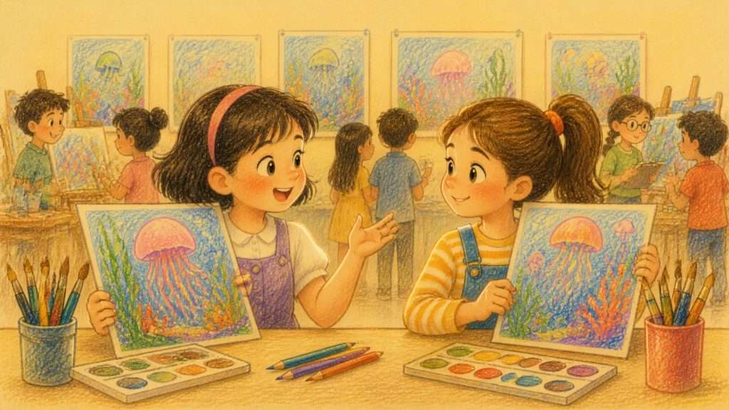《失而復得》佳作插畫：兩位朋友比較深海畫作後化解抄襲誤會