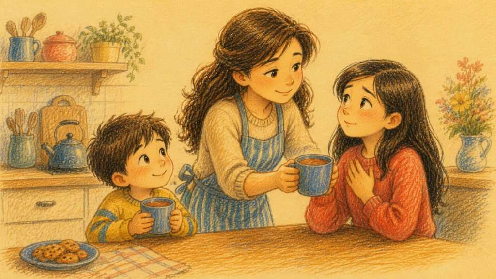 《失而復得》佳作插畫：姐姐看見媽媽補沖巧克力奶後明白父母仍然愛她