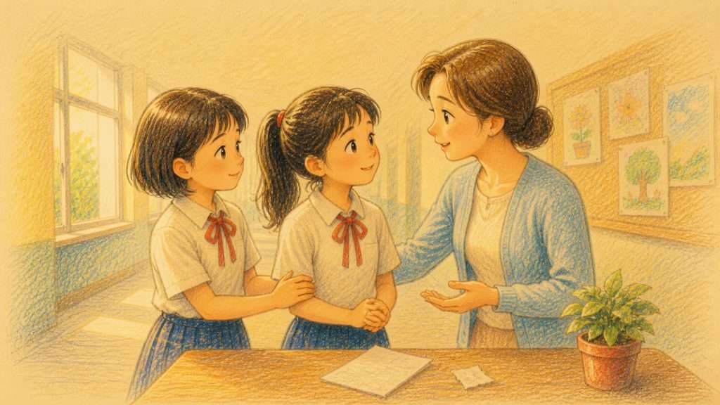 《失而復得》佳作插畫：兩位重修舊好的朋友並肩向老師說明校園欺凌