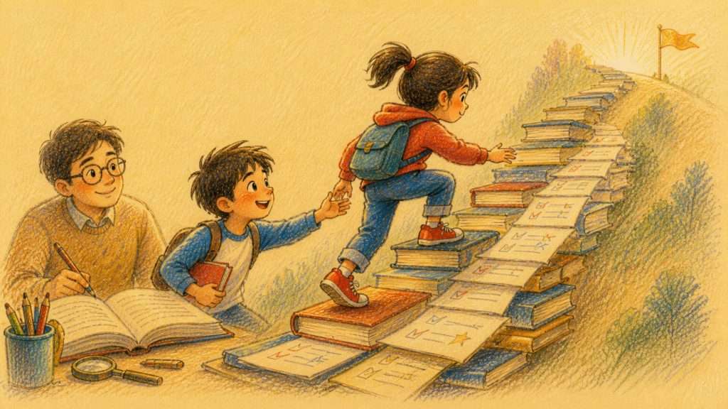 《談成功之道》佳作插畫：學生踏着書本階梯朝目標前進並接受同伴幫助