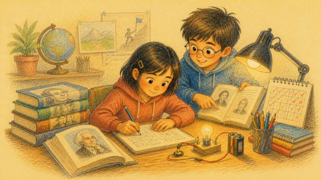 《談成功之道》佳作插畫：學生在書桌前結合閱讀練習和實驗為機會做準備