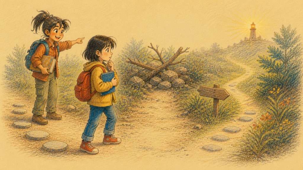 《談成功之道》佳作插畫：學生在受阻的小路前轉彎找到通往目標的新方向