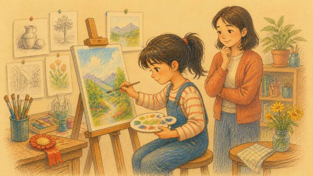 《談成功之道》佳作插畫：學生在畫架前勤奮練習並逐步改善作品