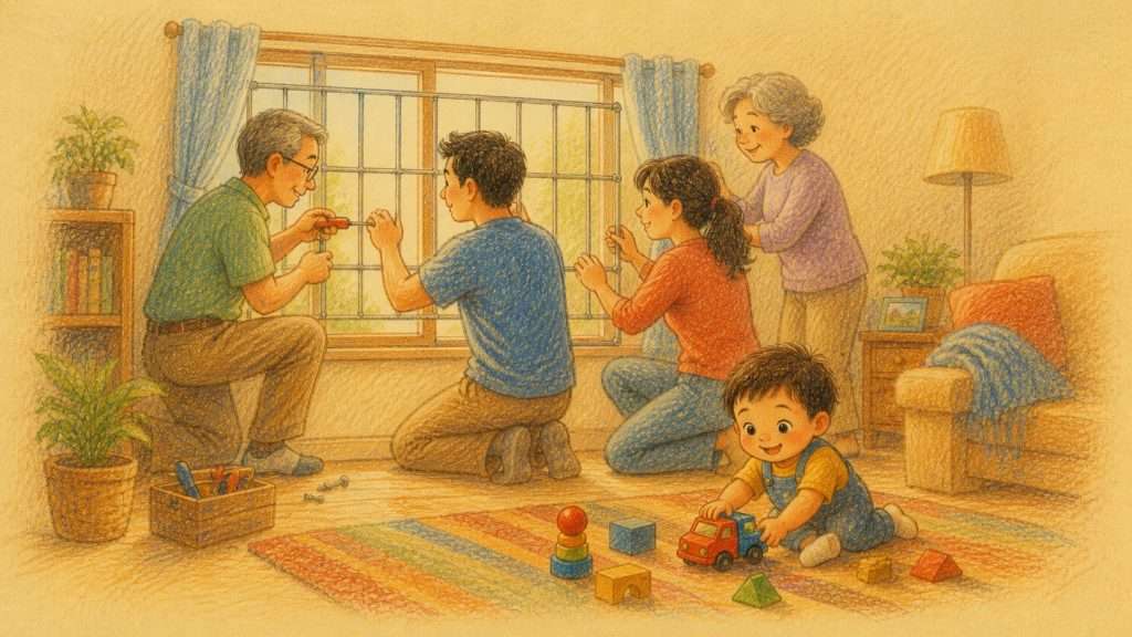 《一次意外》佳作插畫：一家人安裝穩固窗戶防護讓幼童可以安全玩耍