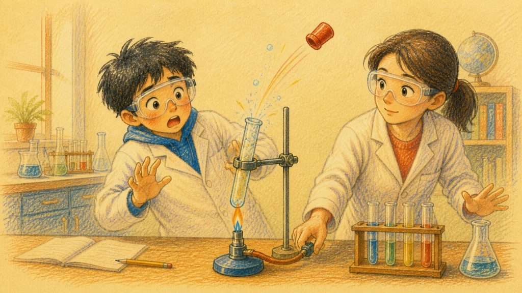《一次意外》佳作插畫：實驗室的橡膠塞從加熱試管彈出而老師即時制止危險