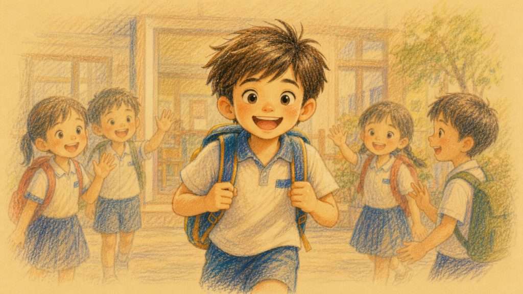 《病癒後感》佳作插畫：學生病癒後高興地重返校園