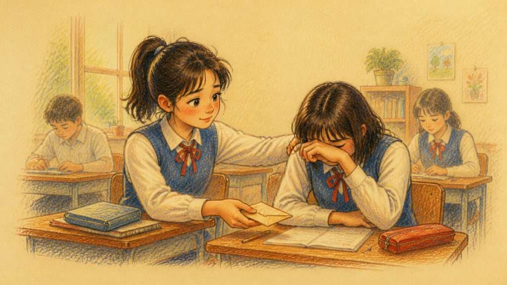 《願我能從頭再來》佳作插畫：學生在課室向傷心的同學伸出關懷之手