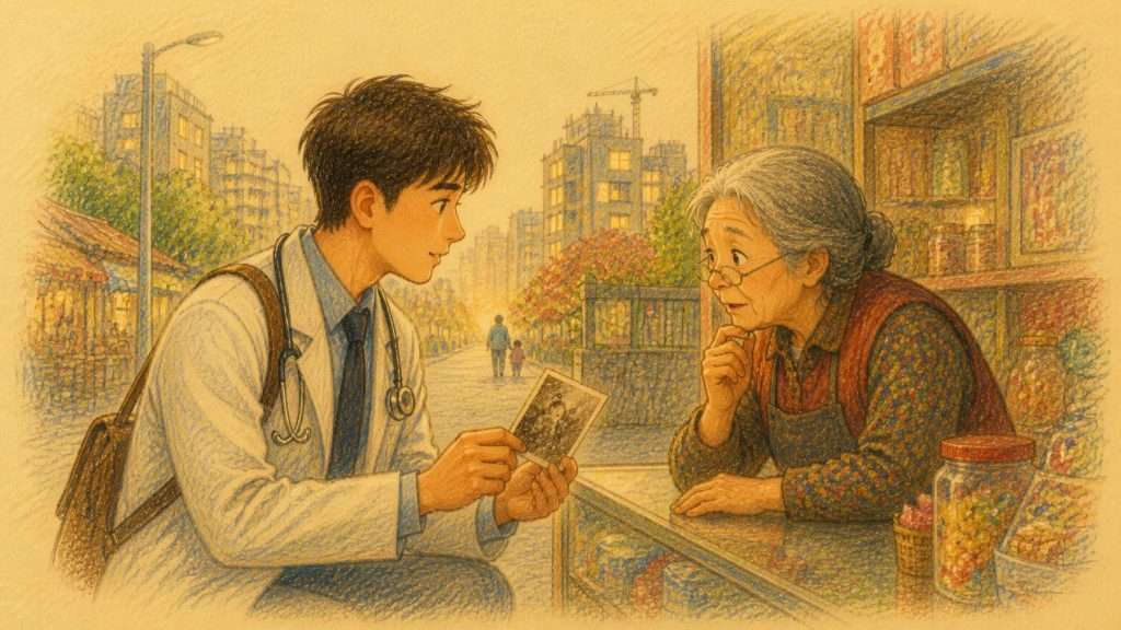 《願我能重遇她》佳作插畫：年輕醫師拿着舊照片向家鄉士多老闆打聽奶奶
