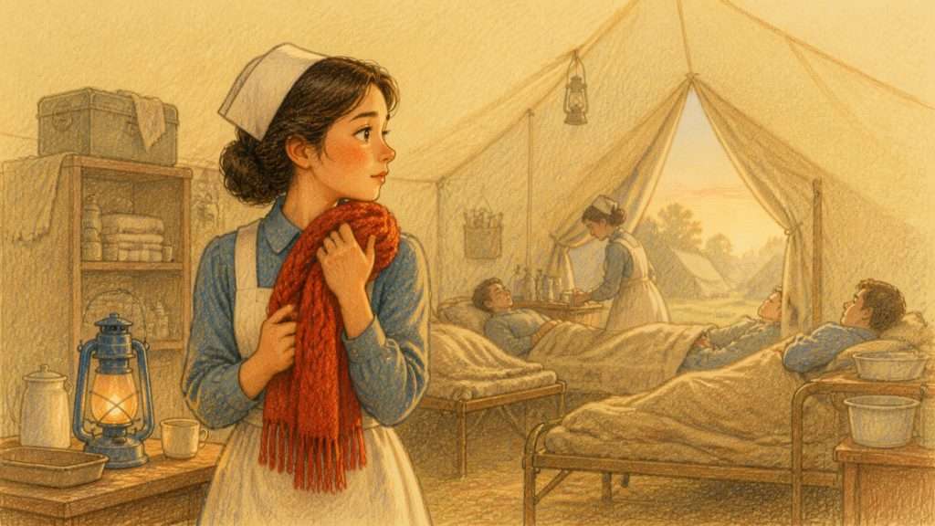 《願我能成為他的紙新娘》佳作插畫：戰地護士在雪後清晨握着紅圍巾繼續照顧傷員
