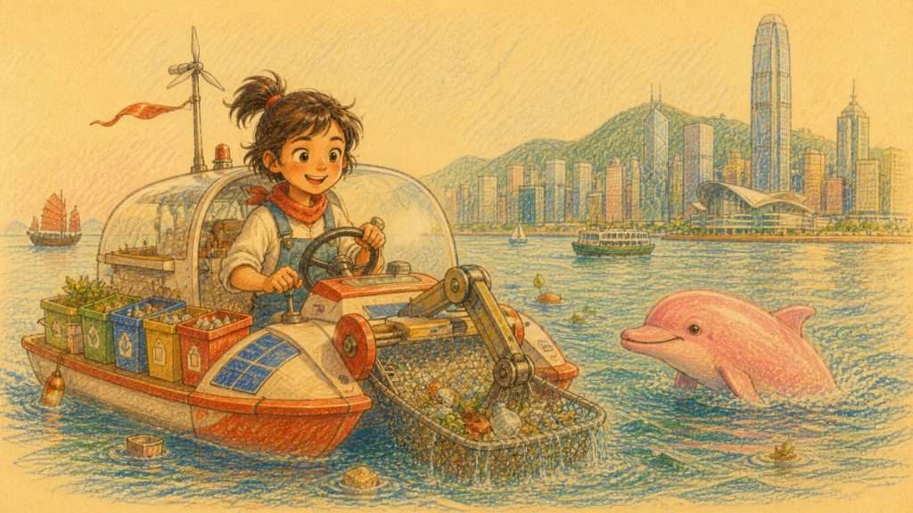 《願我能……》佳作插畫：孩子想像駕駛海上垃圾收集船守護粉紅海豚