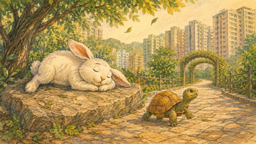 《第二次龜兔賽跑》佳作插畫：白兔在樹下睡着，烏龜沿香港的行人路繼續前進
