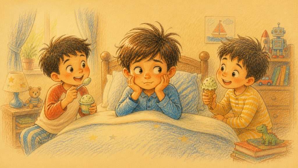 《病癒後感》佳作插畫：生病休息的孩子看着兄弟享用哈密瓜雪糕